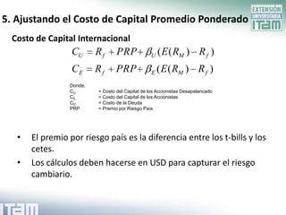 5. Ajustando el Costo de Capital Promedio Ponderado
  Costo de Capital Internacional
                  CU      Rf      PRP             U   ( E ( RM ) R f )
                  CE      Rf      PRP             E   ( E ( RM ) R f )
                 Donde,
                 CU       = Costo del Capital de los Accionistas Desapalancado
                 CE       = Costo del Capital de los Accionistas
                 CD       = Costo de la Deuda
                 PRP      = Premio por Riesgo País




   •   El premio por riesgo país es la diferencia entre los t-bills y los
       cetes.
   •   Los cálculos deben hacerse en USD para capturar el riesgo
       cambiario.
 