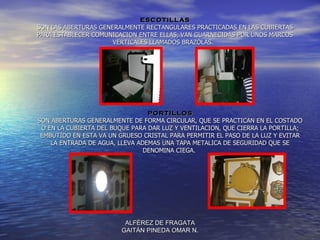 ESCOTILLAS
SON LAS ABERTURAS GENERALMENTE RECTANGULARES PRACTICADAS EN LAS CUBIERTAS
PARA ESTABLECER COMUNICACION ENTRE ELLAS, VAN GUARNECIDAS POR UNOS MARCOS
                      VERTICALES LLAMADOS BRAZOLAS.




                                 PORTILLOS
SON ABERTURAS GENERALMENTE DE FORMA CIRCULAR, QUE SE PRACTICAN EN EL COSTADO
 O EN LA CUBIERTA DEL BUQUE PARA DAR LUZ Y VENTILACION, QUE CIERRA LA PORTILLA;
 EMBUTIDO EN ESTA VA UN GRUESO CRISTAL PARA PERMITIR EL PASO DE LA LUZ Y EVITAR
    LA ENTRADA DE AGUA, LLEVA ADEMAS UNA TAPA METALICA DE SEGURIDAD QUE SE
                                DENOMINA CIEGA.




                          ALFÉREZ DE FRAGATA
                         GAITÁN PINEDA OMAR N.
 