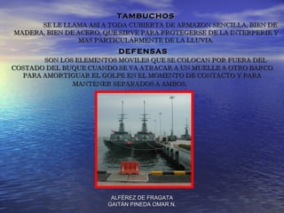 TAMBUCHOS
      SE LE LLAMA ASI A TODA CUBIERTA DE ARMAZON SENCILLA, BIEN DE
MADERA, BIEN DE ACERO, QUE SIRVE PARA PROTEGERSE DE LA INTERPERIE Y
                 MAS PARTICULARMENTE DE LA LLUVIA.
                          DEFENSAS
       SON LOS ELEMENTOS MOVILES QUE SE COLOCAN POR FUERA DEL
COSTADO DEL BUQUE CUANDO SE VA ATRACAR A UN MUELLE A OTRO BARCO
  PARA AMORTIGUAR EL GOLPE EN EL MOMENTO DE CONTACTO Y PARA
              MANTENER SEPARADOS A AMBOS.




                        ALFÉREZ DE FRAGATA
                       GAITÁN PINEDA OMAR N.
 