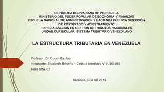 REPÚBLICA BOLIVARIANA DE VENEZUELA
MINISTERIO DEL PODER POPULAR DE ECONOMIA Y FINANZAS
ESCUELA NACIONAL DE ADMINISTRACIÓN Y HACIENDA PÚBLICA DIRECCIÓN
DE POSTGRADO Y ADIESTRAMIENTO
ESPECIALIZACIÓN EN GESTIÓN DE TRIBUTOS NACIONALES
UNIDAD CURRICULAR: SISTEMA TRIBUTARIO VENEZOLANO
LA ESTRUCTURA TRIBUTARIA EN VENEZUELA
Profesor: Dr. Ducan Espina
Integrante: Elizabeth Briceño – Cedula Identidad V-11.569.885
Tema Nro. 02
Caracas, julio del 2019
 
