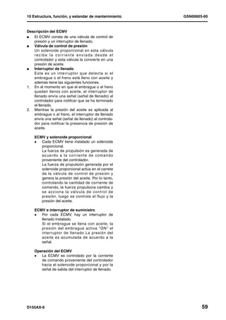10 Estructura, función, y estandar de mantenimiento   GSN00605-00


Descripción del ECMV
l  El ECMV consta de una válvula de control de
   presión y un interruptor de llenado.
l  Válvula de control de presión
   Un solenoide proporcional en esta válvula
   recibe la corriente enviada desde el
   controlador y esta válvula la convierte en una
   presión de aceite.
l  Interruptor de llenado
   Este es un interr uptor que detecta si el
   embrague o el freno está lleno con aceite y
   además tiene las siguientes funciones.
1. En el momento en que el embrague o el freno
   quedan llenos con aceite, el interruptor de
   llenado envía una señal (señal de llenado) al
   controlador para notificar que se ha terminado
   el llenado.
2. Mientras la presión del aceite es aplicada al
   embrague o al freno, el interruptor de llenado
   envía una señal (señal de llenado) al controla-
   dor para notificar la presencia de presión de
   aceite.

    ECMV y solenoide proporcional
       Cada ECMV tiene instalado un solenoide
       proporcional.
       La fuerza de propulsión es generada de
       ac ue rd o a la co r r ien te de co m a nd o
       proveniente del controlador.
       La fuerza de propulsión generada por el
       solenoide proporcional actúa en el carrete
       de la válvula de control de presión y
       genera la presión del aceite. Por lo tanto,
       controlando la cantidad de corriente de
       comando, la fuerza propulsora cambia y
       se ac cion a la válvu la d e con tro l d e
       presión, luego se controla el flujo y la
       presión del aceite.

    ECMV e interruptor de suministro
       Por cada ECMV, hay un interruptor de
       llenado instalado.
       Si el embrague se llena con aceite, la
       presión del embrague activa "ON" el
       interruptor de llenado La presión del
       aceite es acumulada de acuerdo a la
       señal.

    Operación del ECMV
       La ECMV es controlado por la corriente
       de comando proveniente del controlador
       hacia el solenoide proporcional y por la
       señal de salida del interruptor de llenado.




D155AX-6                                                      59
 