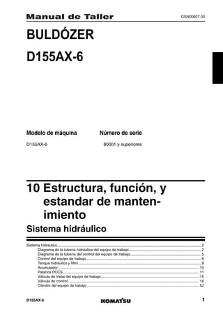 GSN00607-00




BULDÓZER                                                                   1MANUAL DE TALLER




D155AX-6




Modelo de máquina                                                Número de serie
D155AX-6                                                            80001 y superiores




10 Estructura, función, y
   estandar de manten-
   imiento                                                                                                                                               1
Sistema hidráulico
Sistema hidráulico.......................................................................................................................................... 2
      Diagrama de la tuberia hidráulica del equipo de trabajo ..................................................................... 2
      Diagrama de la tubería del control del equipo de trabajo.................................................................... 5
      Control del equipo de trabajo .............................................................................................................. 6
      Tanque hidráulico y filtro ..................................................................................................................... 8
      Acumulador ....................................................................................................................................... 10
      Palanca PCCS .................................................................................................................................. 11
      Válvula de traba del equipo de trabajo.............................................................................................. 15
      Válvula de control.............................................................................................................................. 16
      Cilindro del equipo de trabajo ........................................................................................................... 52


D155AX-6                                                                                                                                                    1
 