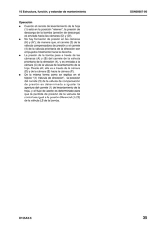 10 Estructura, función, y estandar de mantenimiento     GSN00607-00


Operación
l  Cuando el carrete de levantamiento de la hoja
   (1) está en la posición "retener", la presión de
   descarga de la bomba (presión de descarga)
   es enviada hacia las cámaras (D) y (D').
l  No hay formación de presión en las cámaras
   (H) y (H'); de manera que, el carrete (3) de la
   válvula compensadora de presión y el carrete
   (4) de la válvula prioritaria de la dirección son
   empujados totalmente hacia la derecha.
l  La presión de la bomba pasa a través de las
   cámaras (A) y (B) del carrete de la válvula
   prioritaria de la dirección (4), y es enviada a la
   cámara (C) de la válvula de levantamiento de la
   hoja. Desde allí, ella va a través de la cámara
   (D) y de la cámara (E) hacia la cámara (F).
l  De la misma forma como se explica en el
   tópico “(1) Válvula de dirección”, la posición
   del carrete (3) de la válvula de compensación
   d e presión e s d eter minad a a ig ualar la
   apertura del carrete (1) de levantamiento de la
   hoja, y el flujo de aceite es determinado para
   que la perdida de presión de la válvula de
   control sea igual a la presión diferencial ( LS)
   de la válvula LS de la bomba.




D155AX-6                                                        35
 