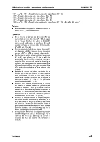 10 Estructura, función, y estandar de mantenimiento                                          GSN00607-00


•   P1 = P3 + P4 = Presión diferencial entre los orificios (M) y (E)
•   P2 = Presión diferencial entre los orificios (E) y (N)
•   P3 = Presión diferencial entre los orificios (M) y (B)
•   P4 = Presión diferencial entre los orificios (B) y (E)
•   LS = P1 + P2 = Presión diferencial entre los orificios (M) y (N) = 2.0 MPa {20 kg/cm2}

Función
l  Esto establece la presión máxima cuando el
   motor HSS (7) está funcionando.

Operación
l  Si se mueve el carrete de dirección (1)y se
   aumenta la presión del motor (7) HSS, la aguja
   de la válvula de alivio (5) LS de la dirección
   comenzará a abrirse y el aceite se drenará
   desde LS hacia el circuito (O). (Orificios (E),
   (F), (G), (J), (K) y (L))
l  Como resultado, habrá una caída de presión
   en el pasaje LS (O), iniciando desde el agujero
   sensor LS (F), y P2 se volverá más grande.
l  Por la misma razón, si la presión en la cámara
   (I) e (H) cae, el carrete (2) de la válvula
   prioriratia de dirección empujará contra el
   resorte (3) y se moverá hacia la derecha, y
   reducirá las aperturas entre las cámaras (B) y
   (C), por lo tanto el flujo entre las cámaras (B) y
   (C) será estrangulado y P4 se volverá más
   grande.
l  Debido al control del plato oscilante de la
   bomba, el circuito del sistema es balanceado a
   una presión de circuito, la cual hace que la
   perdida de presión generada por el flujo de la
   válvula de alivio (5), P1 + P2, iguale la
   presión diferencial LS ( LS).
l  Cuando esto sucede, la válvula de la bomba
   LS detecta la presión diferencial generada por
   la válvula de alivio LS (5), y mueve el plato de
   vaivén de la bomba de la posición máxima a la
   mínima. La bomba del plato ondulante es
   balanceada a la posición donde la presión
   diferencial LS es 2.0 MPa {20 kg/cm2}.
l  Cuando la bomba está en el ángulo del plato
   de vaivén mínimo (mínimo flujo de aceite), si el
   flujo de aceite es mayor que el flujo de aceite
   de alivio LS + el escape en cualquier parte, la
   presión es confinada en el circuito de la bomba
   (entre la bomba y las cámaras (A) y (B), por lo
   tanto, crece la presión diferencial LS.
l  Si la presión diferencial sobrepasa la presión
   establecida para la válvula de descarga (4), la
   válvula de descarga actúa para aliviar el
   exceso de flujo de aceite y balancear el
   circuito.




D155AX-6                                                                                             41
 