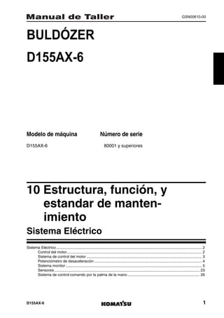 GSN00610-00




BULDÓZER                                                                    1MANUAL DE TALLER




D155AX-6




Modelo de máquina                                                Número de serie
D155AX-6                                                             80001 y superiores




10 Estructura, función, y
   estandar de manten-
   imiento                                                                                                                                                1
Sistema Eléctrico
Sistema Eléctrico ........................................................................................................................................... 2
      Control del motor................................................................................................................................. 2
      Sistema de control del motor .............................................................................................................. 3
      Potenciómetro de desaceleración ....................................................................................................... 4
      Sistema monitor .................................................................................................................................. 5
      Sensores ........................................................................................................................................... 23
      Sistema de control comando por la palma de la mano ..................................................................... 26




D155AX-6                                                                                                                                                     1
 