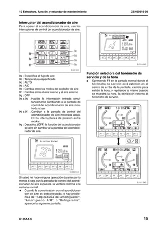 10 Estructura, función, y estandar de mantenimiento                                        GSN00610-00



Interruptor del acondicionador de aire
Para operar el acondicionador de aire, use los
interruptores de control del acondicionador de aire.




                                                        Función selectora del horómetro de
9a : Específica el flujo de aire
                                                        servicio y de la hora
9b : Temperatura especificada
                                                        l   Oprimiendo F4 en la pantalla normal donde el
9c : AUTO
                                                            horómetro de servicio está exhibido en el
9d : A/C
                                                            centro de arriba de la pantalla, cambia para
9e : Cambia entre los modos del soplador de aire
                                                            exhibir la hora, y repitiendo lo mismo cuando
9f : Cambia entre el aire interno y el aire externo
                                                            se muestra la hora, la exhibición retorna al
9g : OFF
                                                            horómetro de servicio.
9a a 9c : Habilita la información entrada simul-
           táneamente cambiando a la pantalla de
           control del acondicionador de aire mos-
           trada abajo.
9d a 9f : Cambian a la pantalla de control del
           acondicionador de aire mostrada abajo.
           Otros interruptores de presión entre
           modos.
9g : Desactiva (OFF) la función del acondicionador
     de aire sin cambiar a la pantalla del acondicio-
     nador de aire.




Si usted no hace ninguna operación durante por lo
menos 5 seg. con la pantalla de control del acondi-
cionador de aire expuesta, la ventana retorna a la
ventana normal.
H Cuando la comunicación con el acondiciona-
    dor de aire es desconectada, o hay proble-
    mas de "Salpicaduras del amor tiguador",
    "Amor tiguador A/M", o "Refrigerante",
    aparece la siguiente pantalla.




D155AX-6                                                                                             15
 