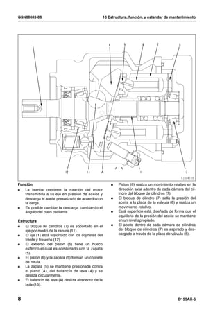 GSN00603-00                                            10 Estructura, función, y estandar de mantenimiento




Función                                                    l   Piston (6) realiza un movimiento relativo en la
l  La bomba convierte la rotación del motor                    dirección axial adentro de cada cámara del cil-
   transmitida a su eje en presión de aceite y                 indro del bloque de cilindros (7).
   descarga el aceite presurizado de acuerdo con           l   El bloque de cilindro (7) sella la presión del
   la carga.                                                   aceite a la placa de la válvula (8) y realiza un
l  Es posible cambiar la descarga cambiando el                 movimiento rotativo.
   ángulo del plato oscilante.                             l   Está superficie está diseñada de forma que el
                                                               equilibrio de la presión del aceite se mantiene
Estructura                                                     en un nivel apropiado.
l   El bloque de cilindros (7) es soportado en el          l   El aceite dentro de cada cámara de cilindros
    eje por medio de la ranura (11).                           del bloque de cilindros (7) es aspirado y des-
l   El eje (1) está soportado con los cojinetes del            cargado a través de la placa de válvula (8).
    frente y traseros (12).
l   El extremo del pistón (6) tiene un hueco
    esférico el cual es combinado con la zapata
    (5).
l   El pistón (6) y la zapata (5) forman un cojinete
    de rótula.
l   La zapata (5) se mantiene presionada contra
    el plano (A), del balancín de leva (4) y se
    desliza circularmente.
l   El balancín de leva (4) desliza alrededor de la
    bola (13).


8                                                                                                   D155AX-6
 