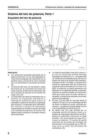 GSN00604-00                                                           10 Estructura, función, y estandar de mantenimiento



Sistema del tren de potencia, Parte 1                                                                                                1
Esqueleto del tren de potencia                                                                                                       1




Descripción                                                               l   La potencia transmitida al eje de la corona, a
l  Las vibraciones torsionales generadas por la                               s u ve s e s t ra n s m i t i d a a l H S S ( S i s te m a
   potencia del motor (1) son amortiguadas por                                hidrostático de dirección) (11). La bomba HSS
   medio del amortiguador de vibraciones (2), la                              (5), hidráulica, es impulsada por la TDF (6) y el
   potencia pasa a través de la unión universal                               aceite que sale de la bomba HSS hidráulica,
   (3) y es transmitida al convertidor de torsión                             energiza el motor (12) HSS. La rotación de la
   (8).                                                                       pareja de engranajes HSS de la derecha e
l  La potencia del motor es transmitida a través                              izquierda está controlada por el motor (12)
   del aceite por el convertidor de torsión (8)                               HSS. La dirección se realiza generando una
   hacia el eje de entrada de la transmisión (eje                             diferencia en la velocidad derecha e izquierda.
   de la turbina) de acuerdo con el cambio de                                 También es posible emplear el mecanismo
   carga. (con L/U)                                                           HSS para hacer girar los lados derecho e
l  La transmisión (9) utiliza la combinación de un                            izquierdo, en direcciones opuestas, para hacer
   sistema de engranajes planetarios y                                        giros de contrarotación.
   e m b r a g u e s h i d r á u l i c o s p a ra r e d u c i r l a       l   El freno (13) del HSS se usa para frenar la
   velocidad y cambiar de marchas (3 engranajes                               máquina. El freno (13) es un embrague del tipo
   para avanzar y 3 engranajes para retroceder).                              de discos múltiples en aceite, aplicado por
   Se conectan 2 grupos de embragues                                          resortes. La potencia enviada desde el freno
   seleccionados de acuerdo al cambio de carga                                (13) es transmitida al mando final (14).
   y se transmite la potencia a la corona (10)                            l   El mando final (14) está formado por un
   desde el piñón ubicado en el extremo trasero                               engranaje sencillo de dientes rectos y un
   de la transmisión.                                                         sistema de engranajes planetarios sencillos.
                                                                              Reduce la velocidad y hace girar la rueda
                                                                              dentada (15) que propulsa la oruga (16) y
                                                                              mueve la máquina. El caudal de aceite
                                                                              generado por la bomba del ventilador de
                                                                              enfriamiento (17) propulsada por la TDF (6),
                                                                              hace girar el motor del ventilador de
                                                                              enfriamiento (18).


2                                                                                                                         D155AX-6
 
