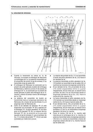 10 Estructura, función, y estandar de mantenimiento                                                GSN00604-00


1a. velocidad de retroceso




l   Cuando la transmisión se coloca en 1a. de              l   La rotación del portador de 3a. (11) es transmitida
    retroceso, se acoplan el embrague de Retroceso             a través del piñón planetario de 3a. (12) hacia el
    y el embrague de 1a. La potencia transmitida por           aro dentado de 3a.
    el convertidor de torsión al eje de entrada (1) es     l   La potencia transmitida al piñón planetario de 3a.
    transmitida al eje de salida (22).                         (12) también es transmitida al eje de salida (22), el
l   El embrague de Retroceso es accionado por la               cual tiene las funciones de engranaje central de 3a.
    presión de aceite aplicada al pistón del embrague      l   El aro dentado de 3a. (13) y el portador de la 2a.
    de Retroceso y retiene la corona (7) de avance. El         (14) están engranados entre sí y giran
    embrague de 1a. es accionado por la presión de             integralmente. De tal modo que, la rotación de la
    aceite aplicada al pistón del embrague de la 1a.           portador de 2da (14) es transmitida desde el
    marcha y retiene el tambor interior del embrague           engranaje planetario de la 2a. (15), hacia la
    de 1a. (19)                                                corona de la 2a. marcha (16).
l   La potencia del convertidor de torsión es              l   La fuerza transmitida al piñón planetario de 2a.
    transmitida hacia el engranaje planetario de               (15) también es transmitida desde el engranaje
    Retroceso (6) a través del eje de entrada (1) y el         central de 2a. (21) hacia el eje de salida (22).
    engranaje solar de Retroceso (5) .                     l   El aro dentado de 2a. (16) y el portador de la 1a.
l   Como el aro dentado de retroceso "R" (7) está              (17) están engranados entre sí y giran
    engranado con el portador "R" (8) y retenido por           integralmente. De tal modo que, la rotación de la
    el embrague "R", el piñón planetario "R" (6) hace          portadora (17) de 1a. es transmitida al engranaje
    girar el aro dentado "R" (9). La rotación del aro          planetario (18) de la 1a. marcha.
    dentado "R" (9), la dirección en la que está           l   Como la corona (19) de la 1a. marcha está
    opuesto al eje de entrada (1), gira el portador de         retenida por el embrague de la 1a. marcha, la
    3a. (11) a través del portador "F" (10) el cual está       potencia transmitida hacia el engranaje planetario
    conectado por medio de la ranura                           (18) de la 1a. marcha es transmitida a través del
                                                               engranaje central (20) de la 1a. marcha hacia el
                                                               eje de salida (22).

D155AX-6                                                                                                        39
 