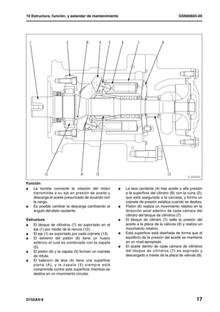 10 Estructura, función, y estandar de mantenimiento                                         GSN00605-00




Función
l  La bomba convierte la rotación del motor            l   La leva oscilante (4) trae aceite a alta presión
   transmitida a su eje en presión de aceite y             a la superficie del cilindro (B) con la cuna (2),
   descarga el aceite presurizado de acuerdo con           que está asegurada a la carcasa, y forma un
   la carga.                                               cojinete de presión estática cuando se desliza.
l  Es posible cambiar la descarga cambiando el         l   Piston (6) realiza un movimiento relativo en la
   ángulo del plato oscilante.                             dirección axial adentro de cada cámara del
                                                           cilindro del bloque de cilindros (7).
Estructura                                             l   El bloque de cilindro (7) sella la presión del
l   El bloque de cilindros (7) es soportado en el          aceite a la placa de la válvula (8) y realiza un
    eje (1) por medio de la ranura (12).                   movimiento rotativo.
l   El eje (1) es soportado por cada cojinete (13)     l   Está superficie está diseñada de forma que el
l   El extremo del pistón (6) tiene un hueco               equilibrio de la presión del aceite se mantiene
    esférico el cual es combinado con la zapata            en un nivel apropiado.
    (5).                                               l   El aceite dentro de cada cámara de cilindros
l   El pistón (6) y la zapata (5) forman un cojinete       del bloque de cilindros (7) es aspirado y
    de rótula.                                             descargado a través de la placa de válvula (8).
l   El balancín de leva (4) tiene una superficie
    plana (A), y la zapata (5) siempre está
    comprimida contra esta superficie mientras se
    desliza en un movimiento circular.




D155AX-6                                                                                                17
 