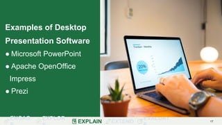 ENGAG EXPLOR
EXPLAIN EXTEND
EVALUAT 17
Examples of Desktop
Presentation Software
● Microsoft PowerPoint
● Apache OpenOffice
Impress
● Prezi
 