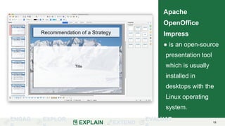 ENGAG EXPLOR
EXPLAIN EXTEND
EVALUAT 19
Apache
OpenOffice
Impress
● is an open-source
presentation tool
which is usually
installed in
desktops with the
Linux operating
system.
 
