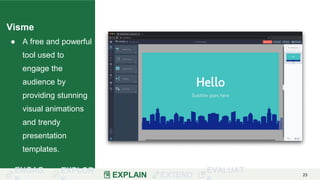 ENGAG EXPLOR
EXPLAIN EXTEND
EVALUAT 23
Visme
● A free and powerful
tool used to
engage the
audience by
providing stunning
visual animations
and trendy
presentation
templates.
 