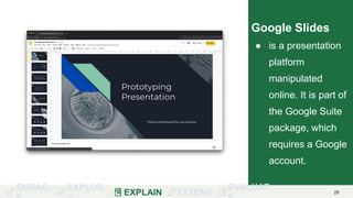 ENGAG EXPLOR
EXPLAIN EXTEND
EVALUAT 25
Google Slides
● is a presentation
platform
manipulated
online. It is part of
the Google Suite
package, which
requires a Google
account.
 