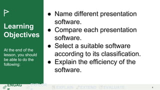 Learning
Objectives
At the end of the
lesson, you should
be able to do the
following:
ENGAG EXPLOR
EXPLAIN EXTEND EVALUATE 4
● Name different presentation
software.
● Compare each presentation
software.
● Select a suitable software
according to its classification.
● Explain the efficiency of the
software.
 