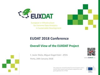 EUDAT 2018 Conference
Porto, 24th January 2018
Overall View of the EUXDAT Project
F. Javier Nieto, Miguel Ángel Esbrí - ATOS
This project has received funding from the European Union’s
Horizon 2020 research and innovation programme under
grant agreement No 777549
www.EUXDAT.eu
European e-Infrastructure
for Extreme Data Analytics
in Sustainable Development
 