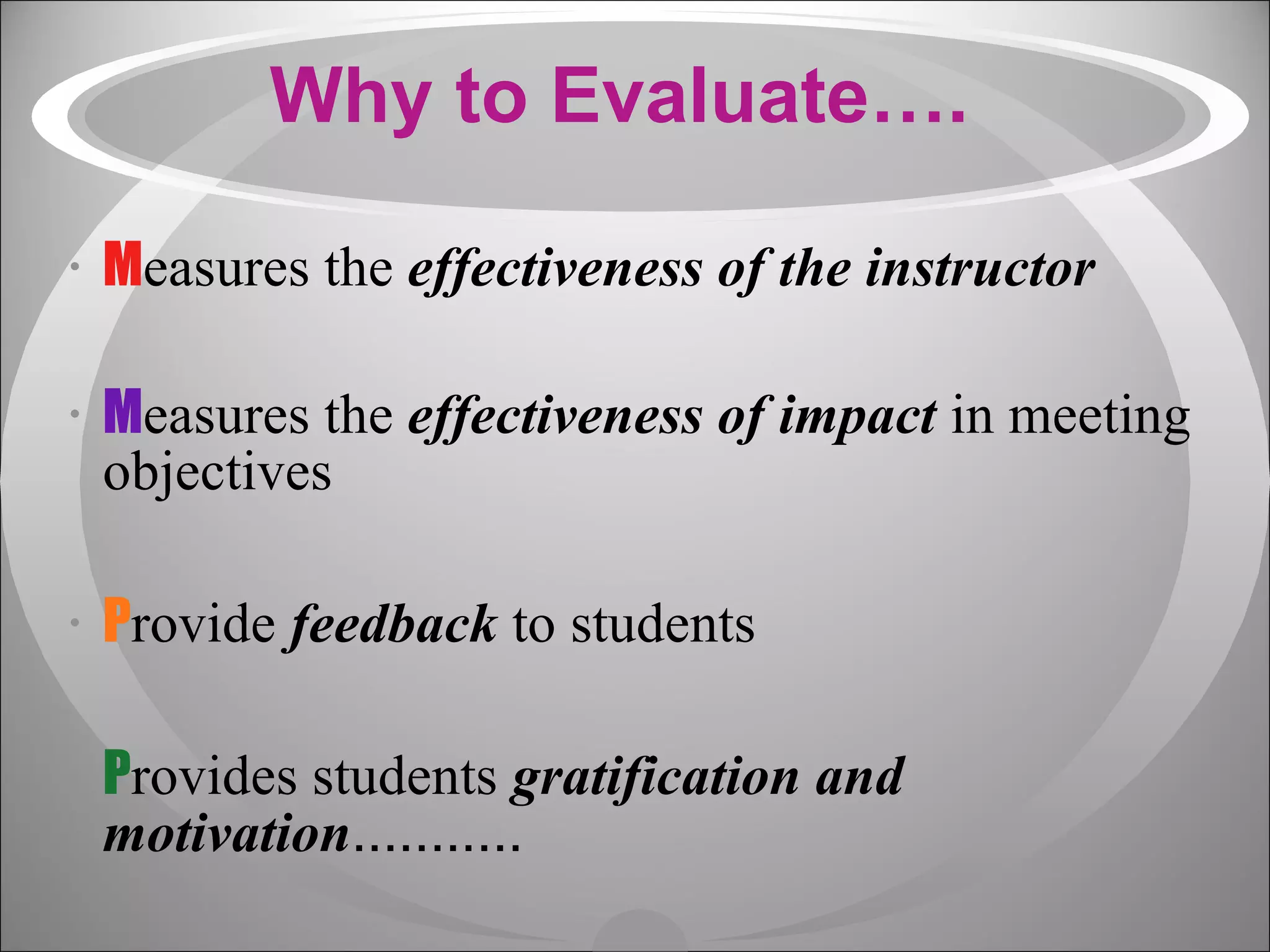 Why to Evaluate…. M easures the  effectiveness of the instructor M easures the  effectiveness of impact  in meeting objectives P rovide  feedback  to students P rovides students  gratification and motivation ........... 