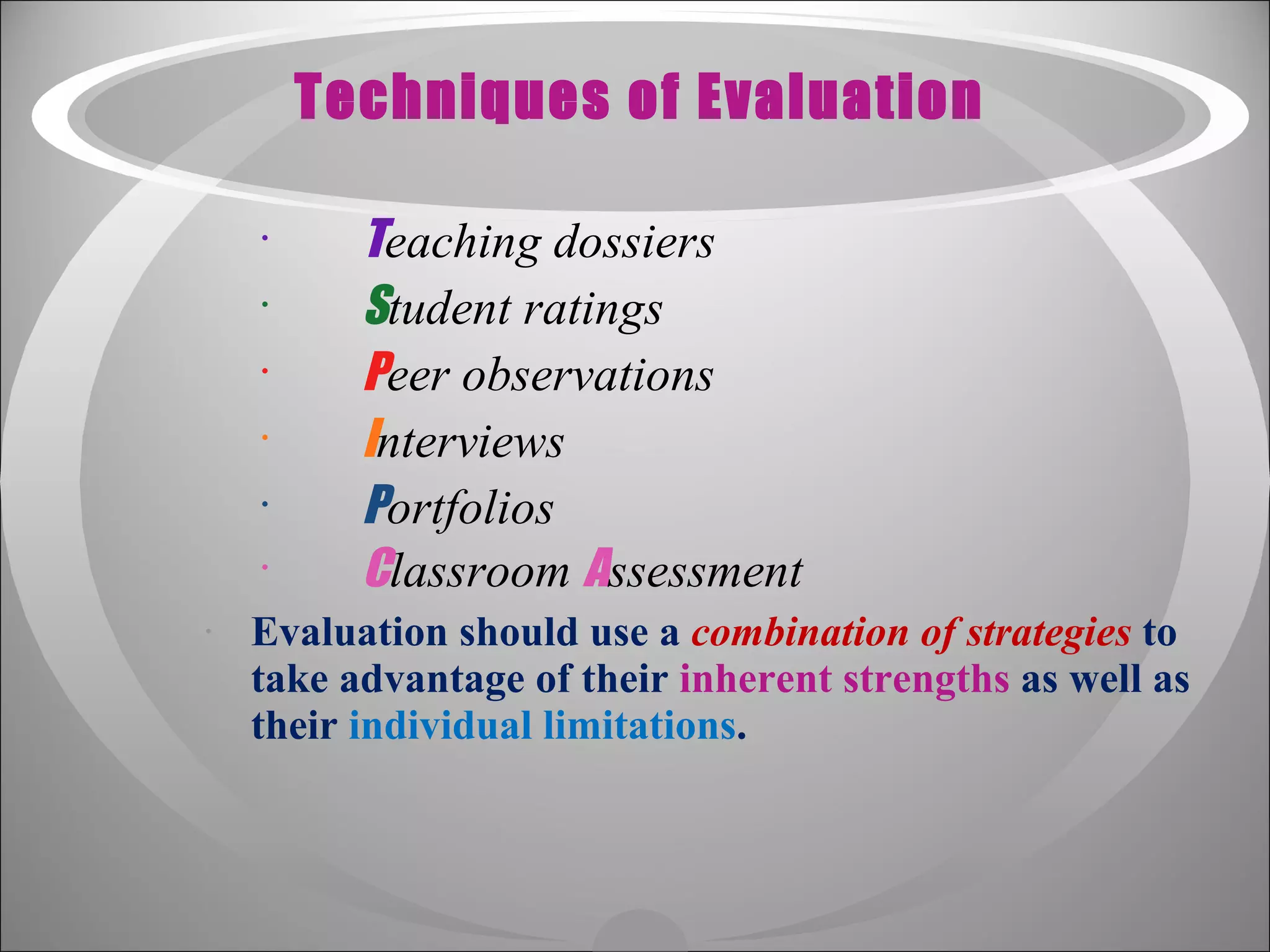 Techniques of Evaluation T eaching dossiers  S tudent ratings  P eer observations  I nterviews  P ortfolios  C lassroom  A ssessment   Evaluation should use a  combination of strategies  to take advantage of their  inherent strengths  as well as their  individual limitations . 