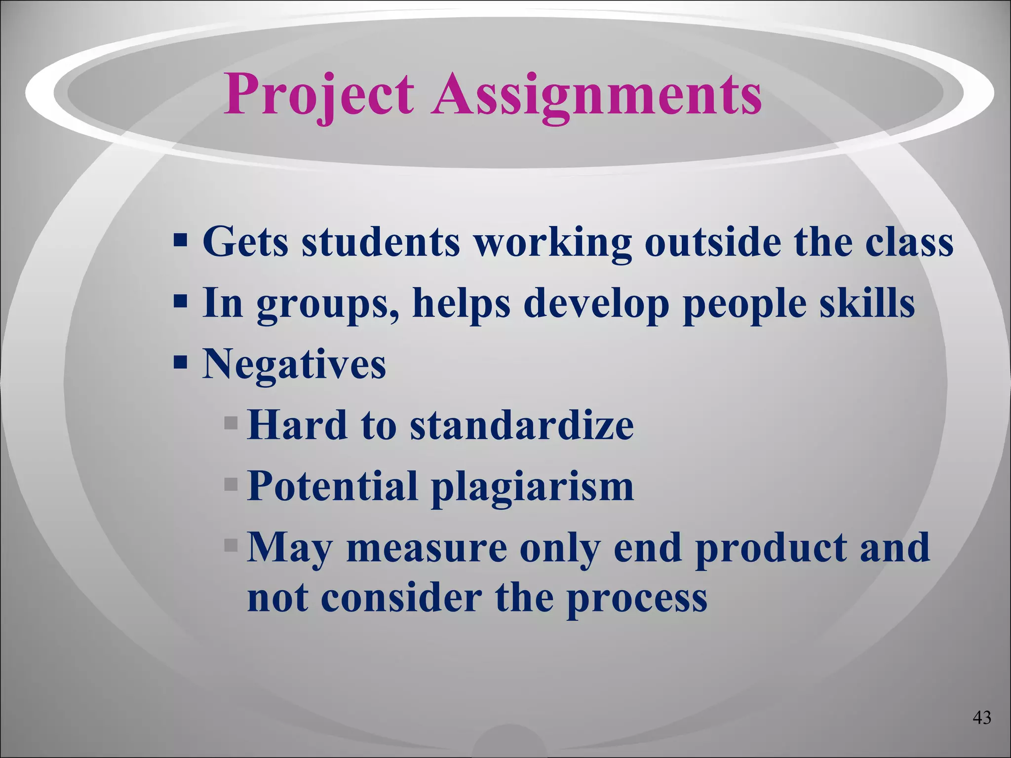 Project Assignments Gets students working outside the class In groups, helps develop people skills Negatives Hard to standardize Potential plagiarism May measure only end product and not consider the process 
