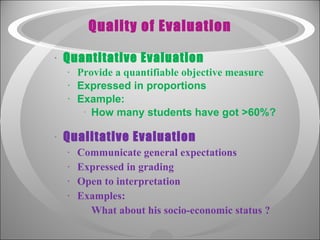 Quality of Evaluation Quantitative Evaluation Provide a quantifiable objective measure Expressed in proportions Example: How many students have got >60%? Qualitative Evaluation Communicate general expectations Expressed in grading Open to interpretation Examples: What about his socio-economic status ?  