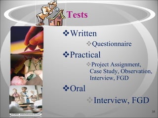 Tests Written Questionnaire Practical  Project Assignment, Case Study, Observation, Interview, FGD Oral Interview, FGD 