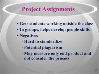 Project Assignments Gets students working outside the class In groups, helps develop people skills Negatives Hard to standardize Potential plagiarism May measure only end product and not consider the process 