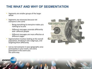 THE WHAT AND WHY OF SEGMENTATION

 Segments are smaller groups of the larger
  whole

 Segments are necessary because not
  everyone is the same
    o Being everything to everyone makes you
      nothing to no one
    o Different messages resonate differently
      with different people
    o Different messages are more effective at
      different stages
 Segmentation involves looking at the overall
  population, breaking it into subgroups, and
  targeting them differently

 Just as not everyone in your geographic area
  participates in your event, not every
  participant in the event acts
  the same way




                                                 © Event 360 | Page 13
 