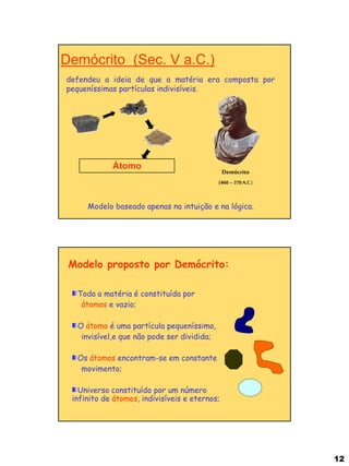 12 
Demócrito (Sec. V a.C.) 
Átomo 
Demócrito (460 – 370 A.C.) 
defendeu a ideia de que a matéria era composta por pequeníssimas partículas indivisíveis. 
Modelo baseado apenas na intuição e na lógica. 
Modelo proposto por Demócrito: 
Toda a matéria é constituída por 
átomos e vazio; 
O átomo é uma partícula pequeníssima, 
invisível,e que não pode ser dividida; 
Os átomos encontram-se em constante 
movimento; 
Universo constituído por um número infinito de átomos, indivisíveis e eternos; 
 