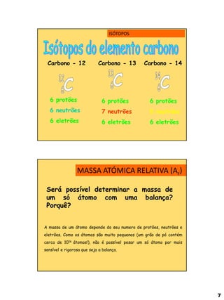 7 
6 protões 6 neutrões 6 eletrões 
6 protões 7 neutrões 6 eletrões 
6 protões 
8 neutrões 
6 eletrões 
Carbono - 12 
Carbono - 13 
Carbono - 14 
ISÓTOPOS 
Será possível determinar a massa de um só átomo com uma balança? Porquê? 
A massa de um átomo depende do seu numero de protões, neutrões e eletrões. Como os átomos são muito pequenos (um grão de pó contém cerca de 1016 átomos!), não é possível pesar um só átomo por mais sensível e rigorosa que seja a balança. 
MASSA ATÓMICA RELATIVA (Ar)  