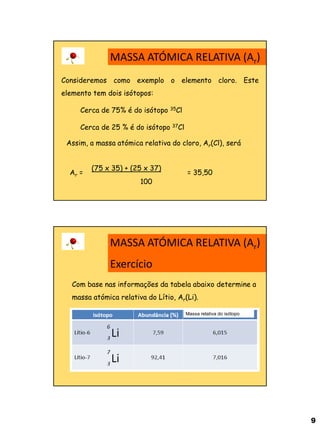 9 
Consideremos como exemplo o elemento cloro. Este elemento tem dois isótopos: Cerca de 75% é do isótopo 35Cl Cerca de 25 % é do isótopo 37Cl 
Assim, a massa atómica relativa do cloro, Ar(Cl), será 
Ar = 
(75 x 35) + (25 x 37) 
100 
= 35,50 
MASSA ATÓMICA RELATIVA (Ar) 
MASSA ATÓMICA RELATIVA (Ar) Exercício 
Com base nas informações da tabela abaixo determine a massa atómica relativa do Lítio, Ar(Li). 
Massa relativa do isótopo  