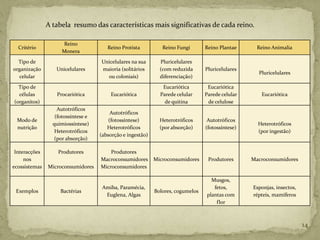 A tabela resumo das características mais significativas de cada reino.

                     Reino
  Critério                             Reino Protista          Reino Fungi       Reino Plantae      Reino Animalia
                     Monera
  Tipo de                           Unicelulares na sua       Pluricelulares
organização       Unicelulares      maioria (solitários       (com reduzida      Pluricelulares
                                                                                                    Pluricelulares
  celular                             ou coloniais)           diferenciação)
  Tipo de                                                      Eucariótica        Eucariótica
  células         Procariótica          Eucariótica           Parede celular     Parede celular      Eucariótica
(organitos)                                                     de quitina        de celulose
                   Autotróficos
                                         Autotróficos
                  (fotossíntese e
 Modo de                                (fotossíntese)        Heterotróficos      Autotróficos
                 quimiossíntese)                                                                    Heterotróficos
 nutrição                              Heterotróficos         (por absorção)     (fotossíntese)
                  Heterotróficos                                                                    (por ingestão)
                                    (absorção e ingestão)
                  (por absorção)

 Interacções       Produtores           Produtores
     nos                            Macroconsumidores       Microconsumidores     Produtores      Macroconsumidores
ecossistemas   Microconsumidores    Microconsumidores

                                                                                   Musgos,
                                     Amiba, Paramécia,                              fetos,        Esponjas, insectos,
 Exemplos           Bactérias                               Bolores, cogumelos
                                      Euglena, Algas                             plantas com      répteis, mamíferos
                                                                                     flor



                                                                                                                        14
 