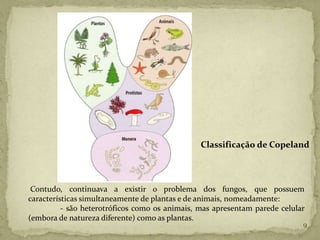 Classificação de Copeland



 Contudo, continuava a existir o problema dos fungos, que possuem
características simultaneamente de plantas e de animais, nomeadamente:
          - são heterotróficos como os animais, mas apresentam parede celular
(embora de natureza diferente) como as plantas.
                                                                            9
 