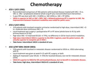 Chemotherapy
• IESS-1 (JCO 1990):
– Nonrandomized comparison of 342 patients with localized disease treated with VAC + D vs.
VAC vs. VAC + prophylactic bilateral whole lung RT plus noncontrolled local intervention.
– 5-year RFS was best with VAC + D (60%) vs. VAC (24%) vs. VAC + RT (44%).
– VACA is superior to VAC or VAC + BPR. VAC + bilateral pulmonary RT is superior to VAC. No
improvement between treatment modalities was noted for pelvic cases.
• IESS-2 (JCO 1991):
– 214 patients with localized nonpelvic primaries randomized to high-dose, intermittent VAC + D
vs. moderate dose continuous VAC + D.
– Local treatment was surgery ± postoperative RT or RT alone (whole bone to 45 Gy with
primary boost to 55 Gy).
– High-dose VAC + D improved OS (63 → 77%); no difference in OS for local control modalities.
– High dose intermittent VACA is superior to the IESS-I regimen, even for pelvic tumors. OS
actually superior to nonpelvic pts in IESS-I.
– Take home: Intermittent VACA is standard of care.
• IESS-3/INT 0091 (NEJM 2003):
– 518 patients with localized or metastatic disease randomized to VDCA vs. VDCA alternating
with IE.
– Local treatment was given at week 9–15 with RT, surgery, or both.
– Adding IE improved 5-year OS (61 → 72%) for localized disease, but not for metastatic disease
(25%).
– VACA+IE superior to VACA for OS and localized disease, but no benefit in metastatic disease.
– Take home: high dose, intermittent VACA+IE is standard of care.
 