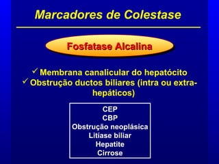Membrana canalicular do hepatócito
Obstrução ductos biliares (intra ou extra-
hepáticos)
Marcadores de Colestase
Fosfatase AlcalinaFosfatase AlcalinaFosfatase AlcalinaFosfatase Alcalina
CEP
CBP
Obstrução neoplásica
Litíase biliar
Hepatite
Cirrose
 