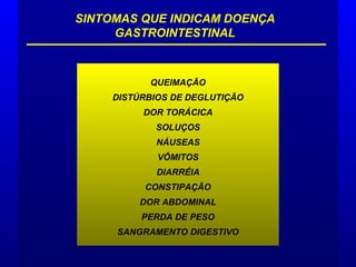 SINTOMAS QUE INDICAM DOENÇA
GASTROINTESTINAL
QUEIMAÇÃO
DISTÚRBIOS DE DEGLUTIÇÃO
DOR TORÁCICA
SOLUÇOS
NÁUSEAS
VÔMITOS
DIARRÉIA
CONSTIPAÇÃO
DOR ABDOMINAL
PERDA DE PESO
SANGRAMENTO DIGESTIVO
 