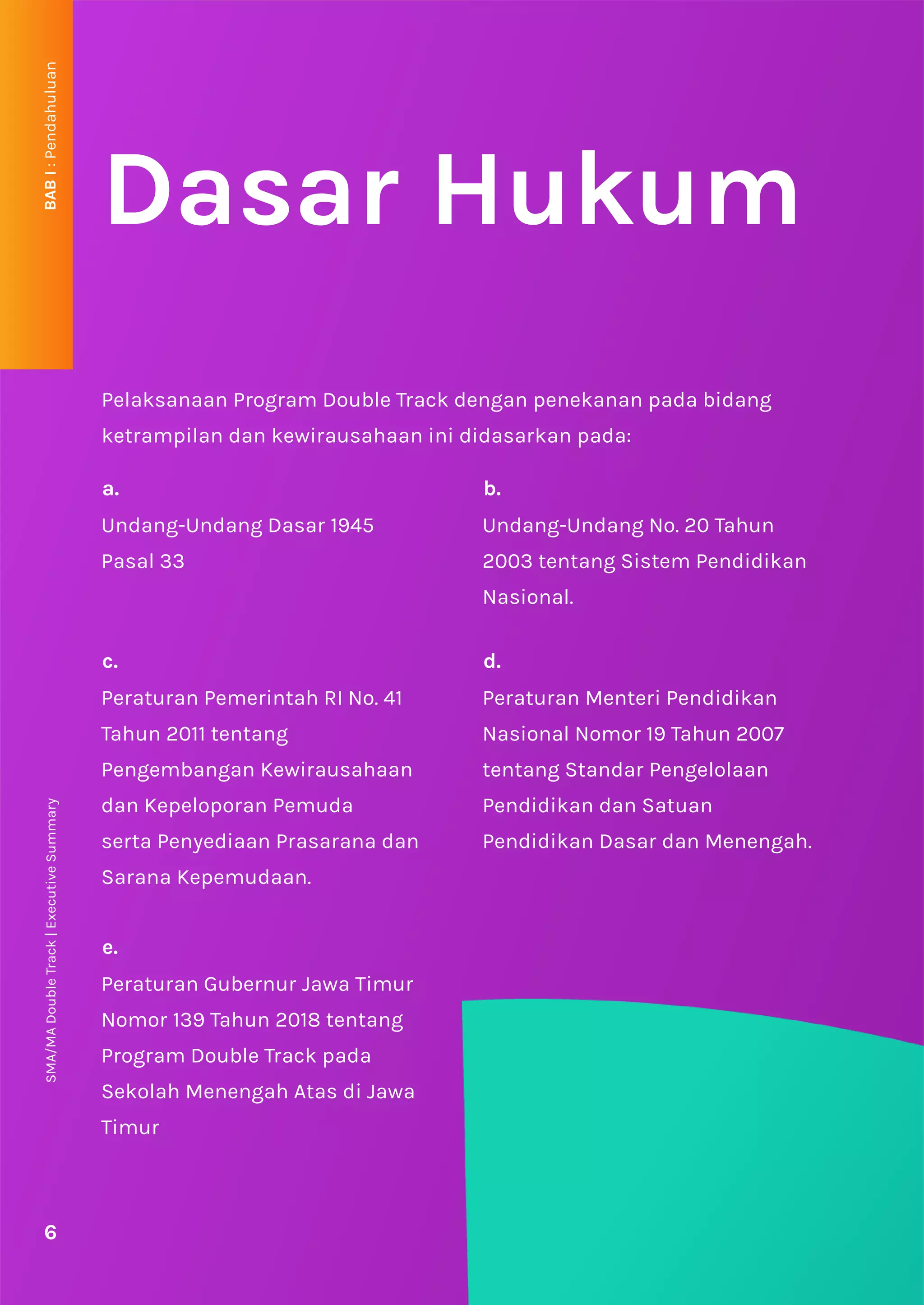 SMA/MA
Double
Track
|
Executive
Summary
a.
Undang-Undang Dasar 1945
Pasal 33
b.
Undang-Undang No. 20 Tahun
2003 tentang Sistem Pendidikan
Nasional.
c.
Peraturan Pemerintah RI No. 41
Tahun 2011 tentang
Pengembangan Kewirausahaan
dan Kepeloporan Pemuda
serta Penyediaan Prasarana dan
Sarana Kepemudaan.
e.
Peraturan Gubernur Jawa Timur
Nomor 139 Tahun 2018 tentang
Program Double Track pada
Sekolah Menengah Atas di Jawa
Timur
d.
Peraturan Menteri Pendidikan
Nasional Nomor 19 Tahun 2007
tentang Standar Pengelolaan
Pendidikan dan Satuan
Pendidikan Dasar dan Menengah.
Dasar Hukum
BAB
I
:
Pendahuluan
6
Pelaksanaan Program Double Track dengan penekanan pada bidang
ketrampilan dan kewirausahaan ini didasarkan pada:
 