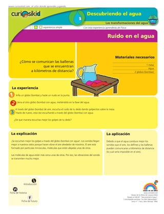 www.curiosikid.com el sitio donde aprendes jugando


                                                                             Descubriendo el agua
                                                                                              Las transformaciones del agua
                                 experiencia simple                      Con esta experiencia aprenderás de Física


                                                                                                Ruido en el agua


                                                                                                        Materiales necesarios
          ¿Cómo se comunican las ballenas
                                                                                                                                           1 mesa
                      que se encuentran
                                                                                                                                             Agua
               a kilómetros de distancia?                                                                                       2 globos (bombas)




   La experiencia

 1 Infla un globo (bomba) y hazle un nudo en la punta.
 2 Llena el otro globo (bomba) con agua, metiéndolo en la llave del agua.
      A través del globo (bomba) de aire, escucha el ruido de tu dedo dando golpecitos sobre la mesa.
  3   Hazlo de nuevo, esta vez escuchando a través del globo (bomba) con agua.

     ¿De qué manera escuchas mejor los golpes de tu dedo?




  La explicación                                                                               La aplicación
  ¡Se escuchan mejor los golpes a través del globo (bomba) con agua!. Los sonidos llegan       Debido a que el agua conduce mejor los
  mejor a nuestros oídos porque hacen vibrar el aire alrededor de nosotros. El aire está       sonidos que el aire, los delfines y las ballenas
  formado por partículas minúsculas, moléculas que están alejadas unas de otras.               pueden comunicarse a kilómetros de distancia
                                                                                               (lo cual sería imposible en el aire).
  Las moléculas de agua están más cerca unas de otras. Por eso, las vibraciones del sonido
  se transmiten mucho mejor.




                         i
               Introducción

      H
 Ficha de historia                                                                                                                           www.curiosikid.com
                                                                                                                           Museo de los Niños de Caracas (2002)

                     F                                                                                               Basado en MILSET: "Descubriendo el agua",
                                                                                                                L'enciclopédie practique "Les Petit Debrouillards",
            Ficha de futuro                                                                                                Tomo nº 1. Paris, Albin Michael, 1999.
 