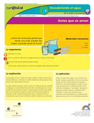 www.curiosikid.com el sitio donde aprendes jugando


                                                                             Descubriendo el agua
                                                                                                    De la niebla a la tormenta
                                  experiencia simple                     Con esta experiencia aprenderás de Ecología y Física


                                                                                          Gotas que se aman




           ¿Cómo las minúsculas gotitas que                                                            Materiales necesarios
               llenan una nube, pueden dar
           origen a grandes gotas de lluvia?                                                                                                    1 vaso
                                                                                                                                                 Agua
                                                                                                                                            2 cuchillos
  La experiencia

    Vierte agua en el vaso.
1
2   Toma un cuchillo en cada mano, sumerge las puntas en el agua y luego sácalos.

         Acerca las dos puntas, donde hay gotas de agua.
    3
        ¿Qué sucede cuando las gotas se encuentran y después cuando separas los cuchillos?




  La explicación                                                                       La aplicación
  Las dos gotas se unen. Cuando las puntas se separan, el agua se estira como          Porque “el agua atrae al agua” con una fuerza muy
  una liga (elástica) y se suelta de un cuchillo. Queda sólo una gran gota en una      grande, las gotas suspendidas en el aire, en las nubes,
  punta y ¡casi nada de agua en la otra!.                                              pueden reunirse en gotas cada vez más gruesas y,
                                                                                       finalmente, caer al piso llevadas por su peso. En una
  Si la gota restante es grande, cae de la punta. Las moléculas de agua invisibles     nube, las gotas tienen un diámetro de 0,02 a 0,05
  se reagrupan, se atraen fuertemente entre ellas, formando gotas. Es la fuerza        milímetros. Uniéndose o “nutriéndose” del vapor de
  de atracción la que retiene la gota en el agua pegada a la lámina del cuchillo,      agua que las rodea, alcanzan un diámetro de 0,5
  ella no se cae hasta que su peso sea mayor que la atracción que ejerce el            milímetros. Si caen en ese momento, a esa
  metal del cuchillo. Cuando las dos gotas se tocan, la atracción entre sus            precipitación se le llama llovizna. Un chaparrón tiene
  moléculas hace que se reúnan totalmente, dando nacimiento a una sola gota.           gotas que varían entre 0,5 a 5 milímetros de diámetro.




                         i
                Introducción

     H
 Ficha de historia                                                                                                                           www.curiosikid.com
                                                                                                                           Museo de los Niños de Caracas (2002)

                     F                                                                                               Basado en MILSET: "Descubriendo el agua",
                                                                                                                L'enciclopédie practique "Les Petit Debrouillards",
              Ficha de futuro                                                                                              Tomo nº 1. Paris, Albin Michael, 1999.
 
