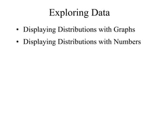 Exploring Data
• Displaying Distributions with Graphs
• Displaying Distributions with Numbers
 