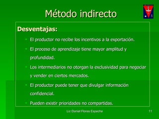 Método indirecto Desventajas: El productor no recibe los incentivos a la exportación. El proceso de aprendizaje tiene mayor amplitud y profundidad. Los intermediarios no otorgan la exclusividad para negociar y vender en ciertos mercados. El productor puede tener que divulgar información confidencial.  Pueden existir prioridades no compartidas. 