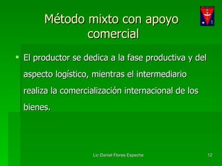 El productor se dedica a la fase productiva y del aspecto logístico, mientras el intermediario realiza la comercialización internacional de los bienes. Método mixto con apoyo  comercial 