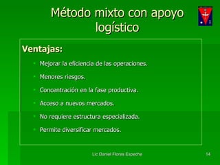 Método mixto con apoyo logístico Ventajas: Mejorar la eficiencia de las operaciones. Menores riesgos. Concentración en la fase productiva. Acceso a nuevos mercados. No requiere estructura especializada. Permite diversificar mercados. 