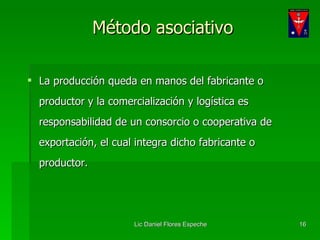 La producción queda en manos del fabricante o productor y la comercialización y logística es responsabilidad de un consorcio o cooperativa de exportación, el cual integra dicho fabricante o productor. Método asociativo 