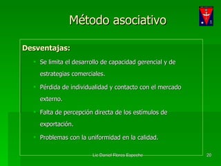Método asociativo Desventajas: Se limita el desarrollo de capacidad gerencial y de estrategias comerciales. Pérdida de individualidad y contacto con el mercado externo. Falta de percepción directa de los estímulos de exportación. Problemas con la uniformidad en la calidad. 
