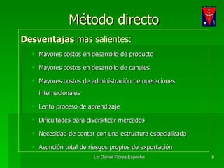 Método directo Desventajas  mas salientes: Mayores costos en desarrollo de producto Mayores costos en desarrollo de canales Mayores costos de administración de operaciones internacionales Lento proceso de aprendizaje Dificultades para diversificar mercados Necesidad de contar con una estructura especializada Asunción total de riesgos propios de exportación 