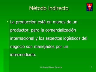 La producción está en manos de un productor, pero la comercialización internacional y los aspectos logísticos del negocio son manejados por un intermediario.  Método indirecto 