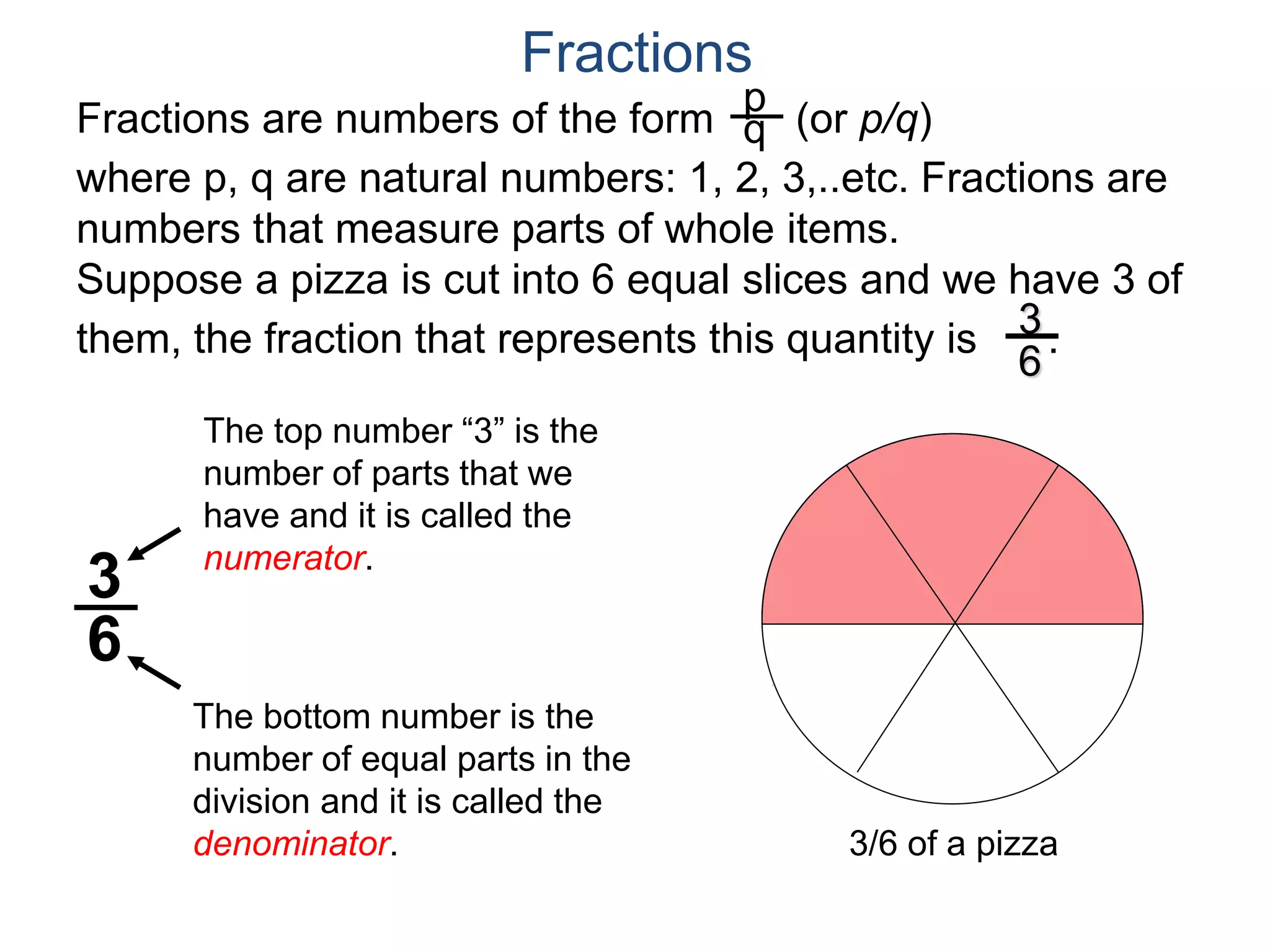 Fractions are numbers of the form (or p/q)
where p, q are natural numbers: 1, 2, 3,..etc. Fractions are
numbers that measure parts of whole items.
Suppose a pizza is cut into 6 equal slices and we have 3 of
them, the fraction that represents this quantity is .
p
q
3
6
The bottom number is the
number of equal parts in the
division and it is called the
denominator.
The top number “3” is the
number of parts that we
have and it is called the
numerator.
3
6
Fractions
3/6 of a pizza
 