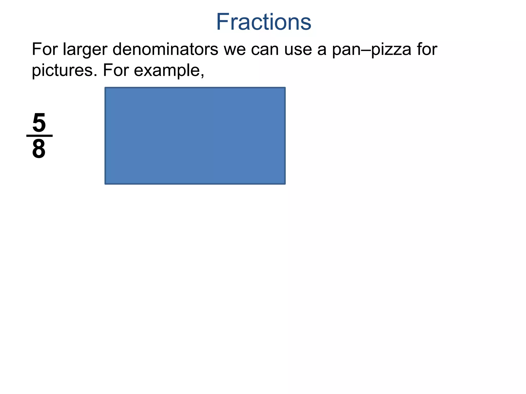 For larger denominators we can use a pan–pizza for
pictures. For example,
5
8
Fractions
 