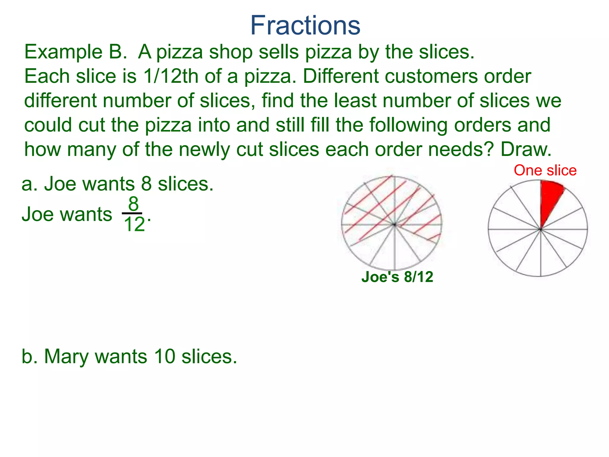 Fractions
Example A. Reduce the fraction.
78
54
=
To reduce a fraction, we keep divide the top and bottom by
common numbers until no more division is possible.
What's left is the reduced version.
b.
9
15
= 9/3
15/3
3
5=a.
Factor Cancellation Rule
For any fraction , where c ≠ 0,
that is, if the numerator and denominator are divided by the
same quantity c, the result will be an equivalent fraction.
x
y
x
y =
x / c
y / c
 