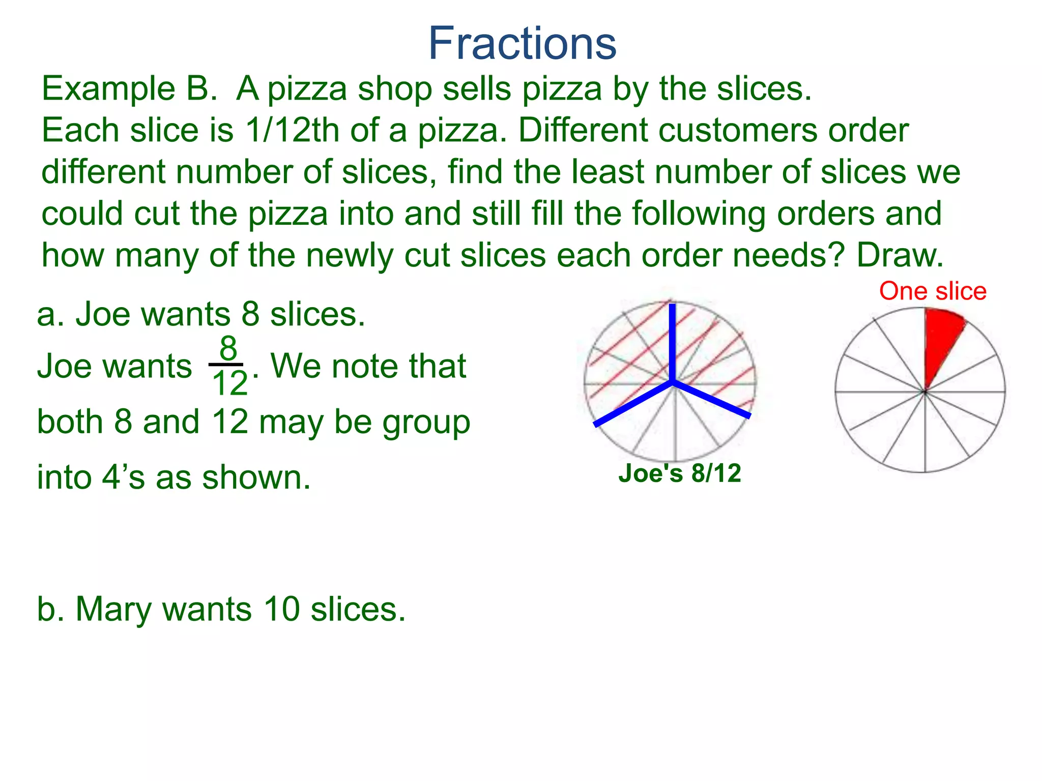 Fractions
Example A. Reduce the fraction.
78
54
= 78/2
54/2
To reduce a fraction, we keep divide the top and bottom by
common numbers until no more division is possible.
What's left is the reduced version.
b.
9
15
= 9/3
15/3
3
5=a.
Factor Cancellation Rule
For any fraction , where c ≠ 0,
that is, if the numerator and denominator are divided by the
same quantity c, the result will be an equivalent fraction.
x
y
x
y =
x / c
y / c
 